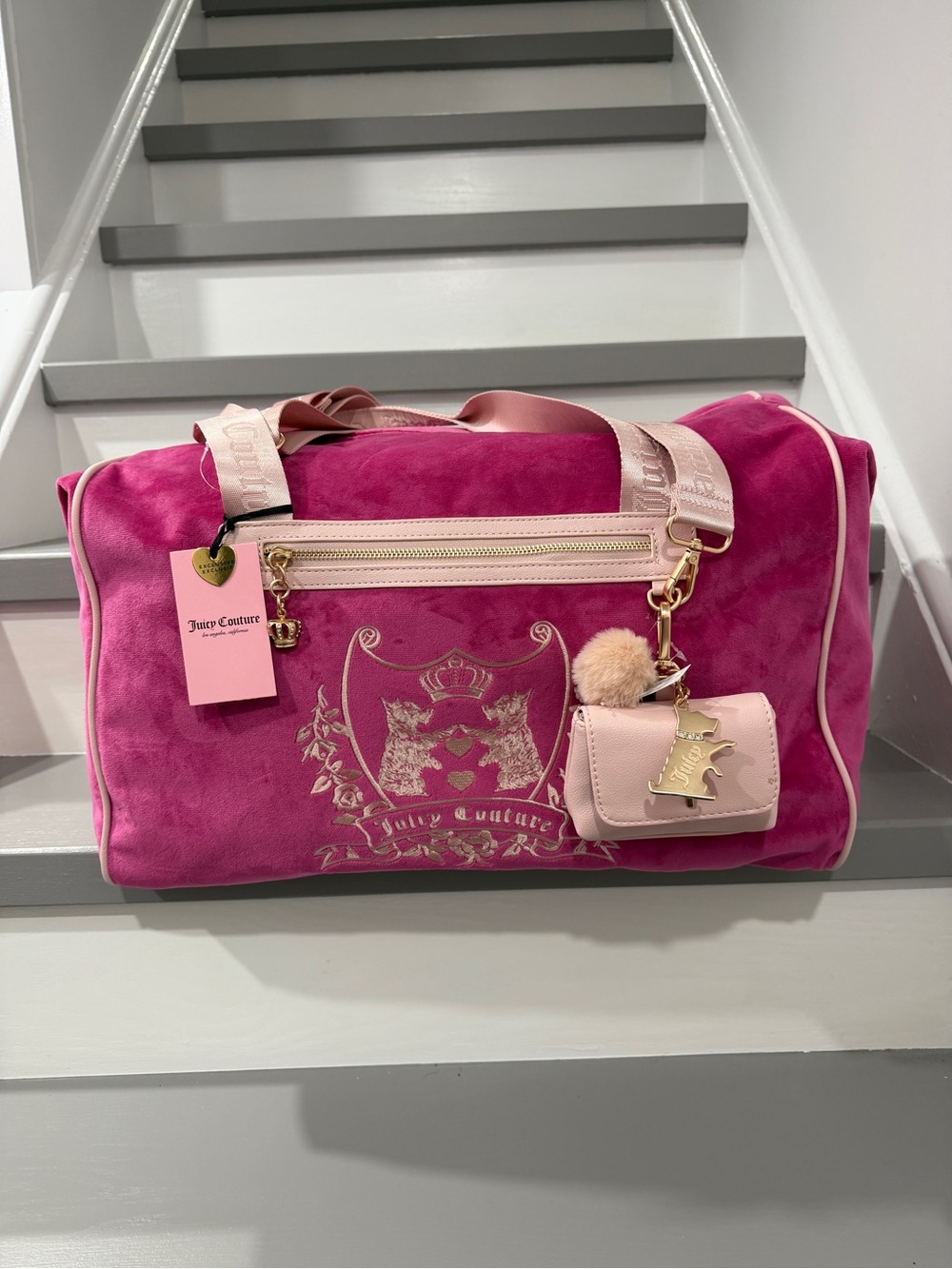 Juicy Couture Hot Pink Velour Travel Duffel with Light Pink Trim